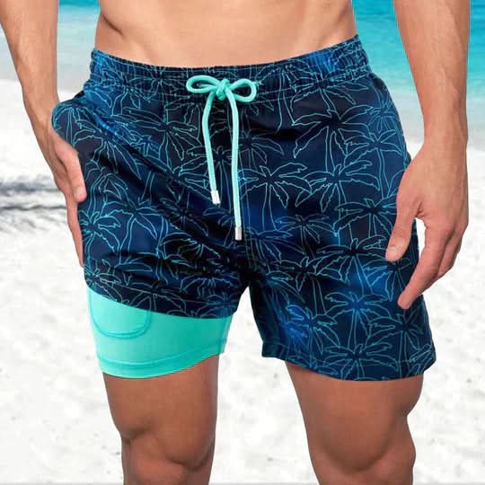 Active Swim Shorts - Quick-Dry Compression Lined Mens Swim Trunks, Two-Tone Tropical Design 0