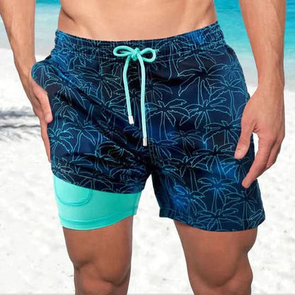 Active Swim Shorts - Quick-Dry Compression Lined Mens Swim Trunks, Two-Tone Tropical Design 0