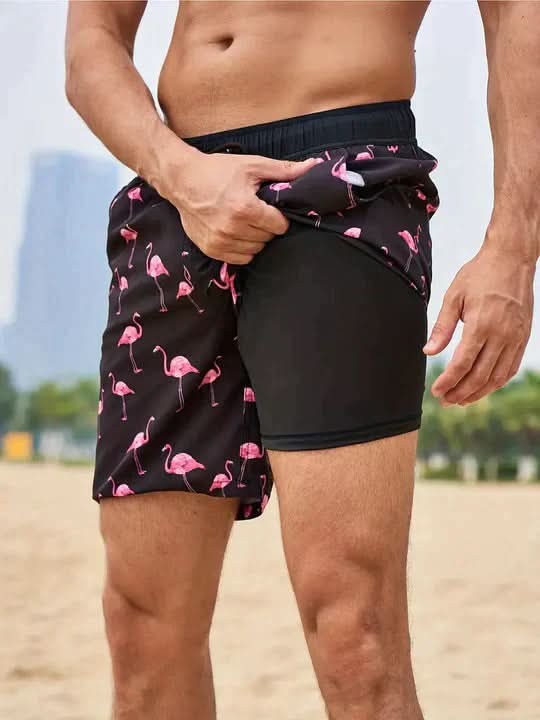Active Swim Shorts - Quick-Dry Compression Lined Mens Swim Trunks, Two-Tone Tropical Design 1
