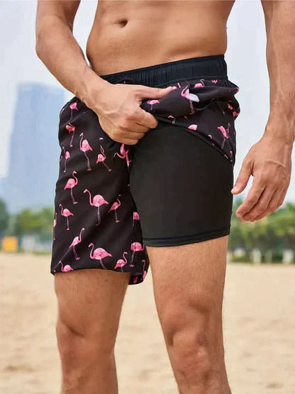 Active Swim Shorts - Quick-Dry Compression Lined Mens Swim Trunks, Two-Tone Tropical Design 1
