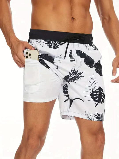 Active Swim Shorts - Quick-Dry Compression Lined Mens Swim Trunks, Two-Tone Tropical Design 2