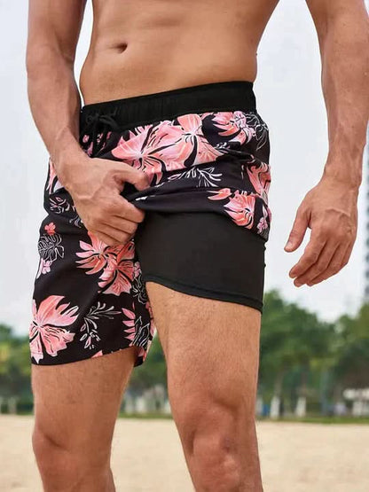 Active Swim Shorts - Quick-Dry Compression Lined Mens Swim Trunks, Two-Tone Tropical Design 4