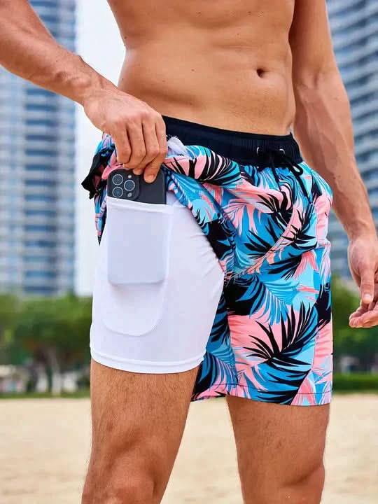 Active Swim Shorts - Quick-Dry Compression Lined Mens Swim Trunks, Two-Tone Tropical Design 5