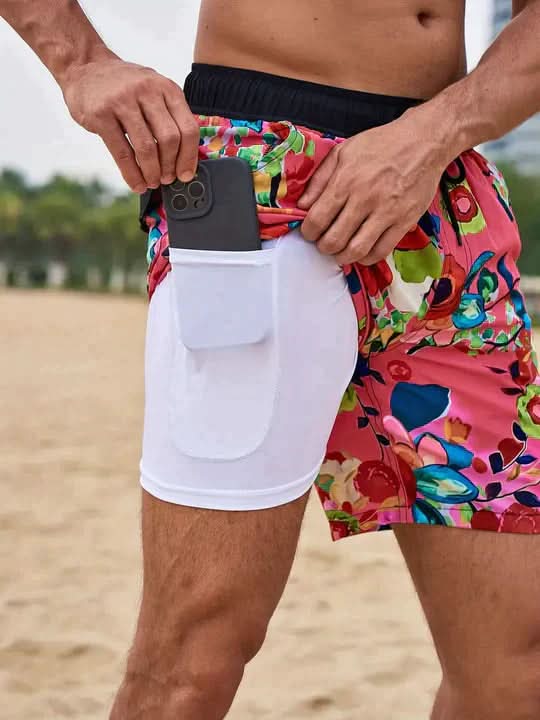 Active Swim Shorts - Quick-Dry Compression Lined Mens Swim Trunks, Two-Tone Tropical Design 6