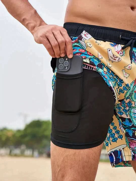 Active Swim Shorts - Quick-Dry Compression Lined Mens Swim Trunks, Two-Tone Tropical Design 7
