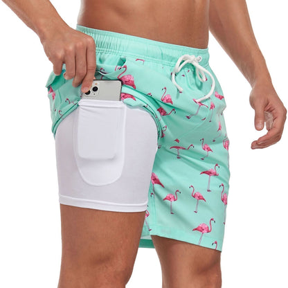 Active Swim Shorts - Quick-Dry Compression Lined Mens Swim Trunks, Two-Tone Tropical Design 9