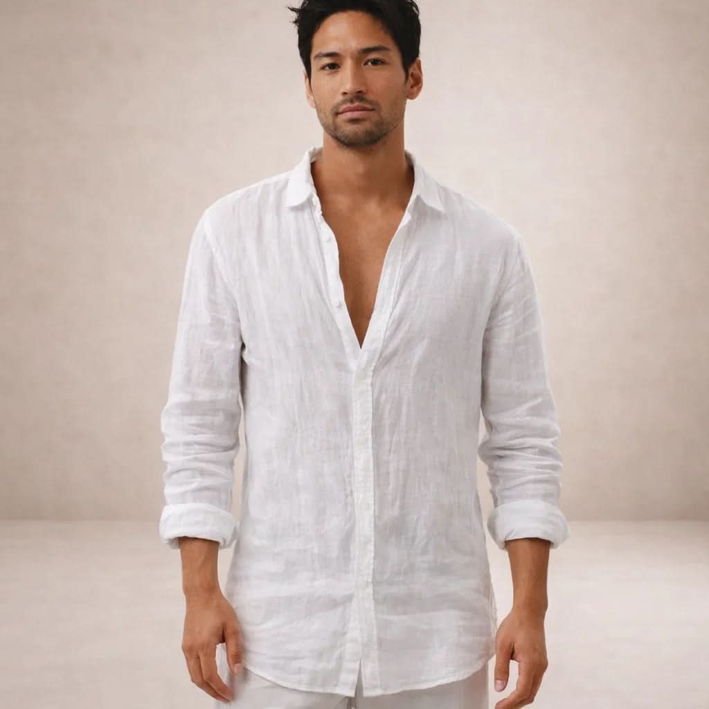 Adrian - Men's Casual Linen Shirt with Open Collar & Long Sleeves 3
