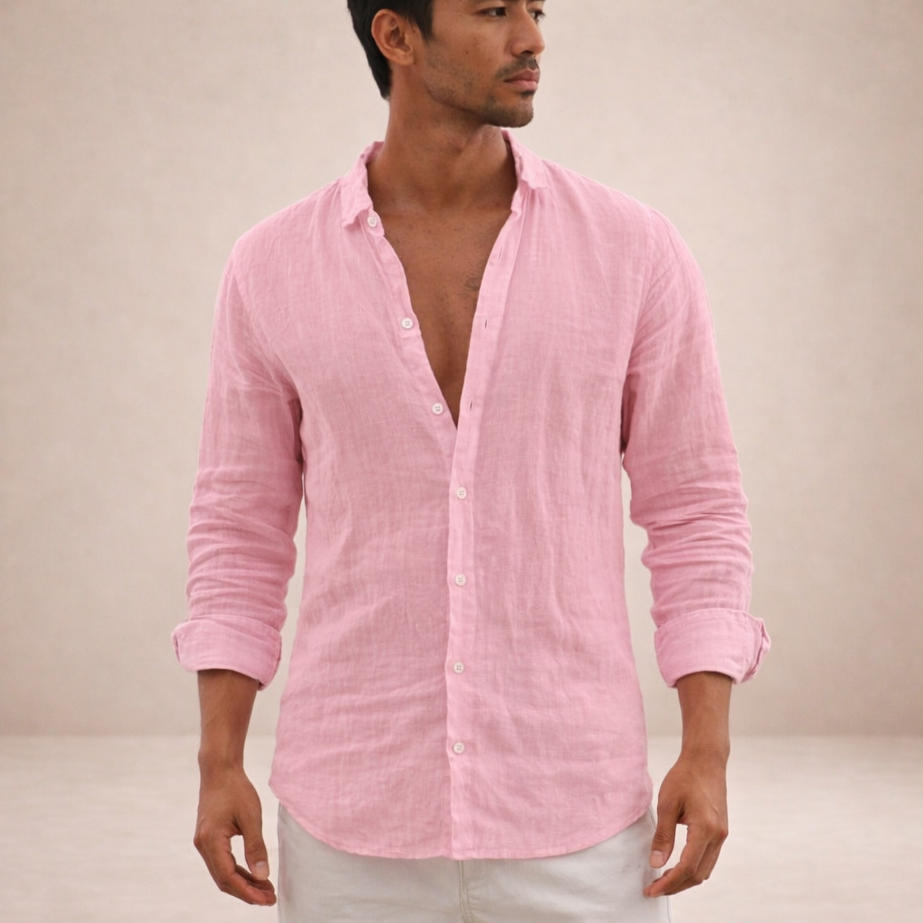 Adrian - Men's Casual Linen Shirt with Open Collar & Long Sleeves 5