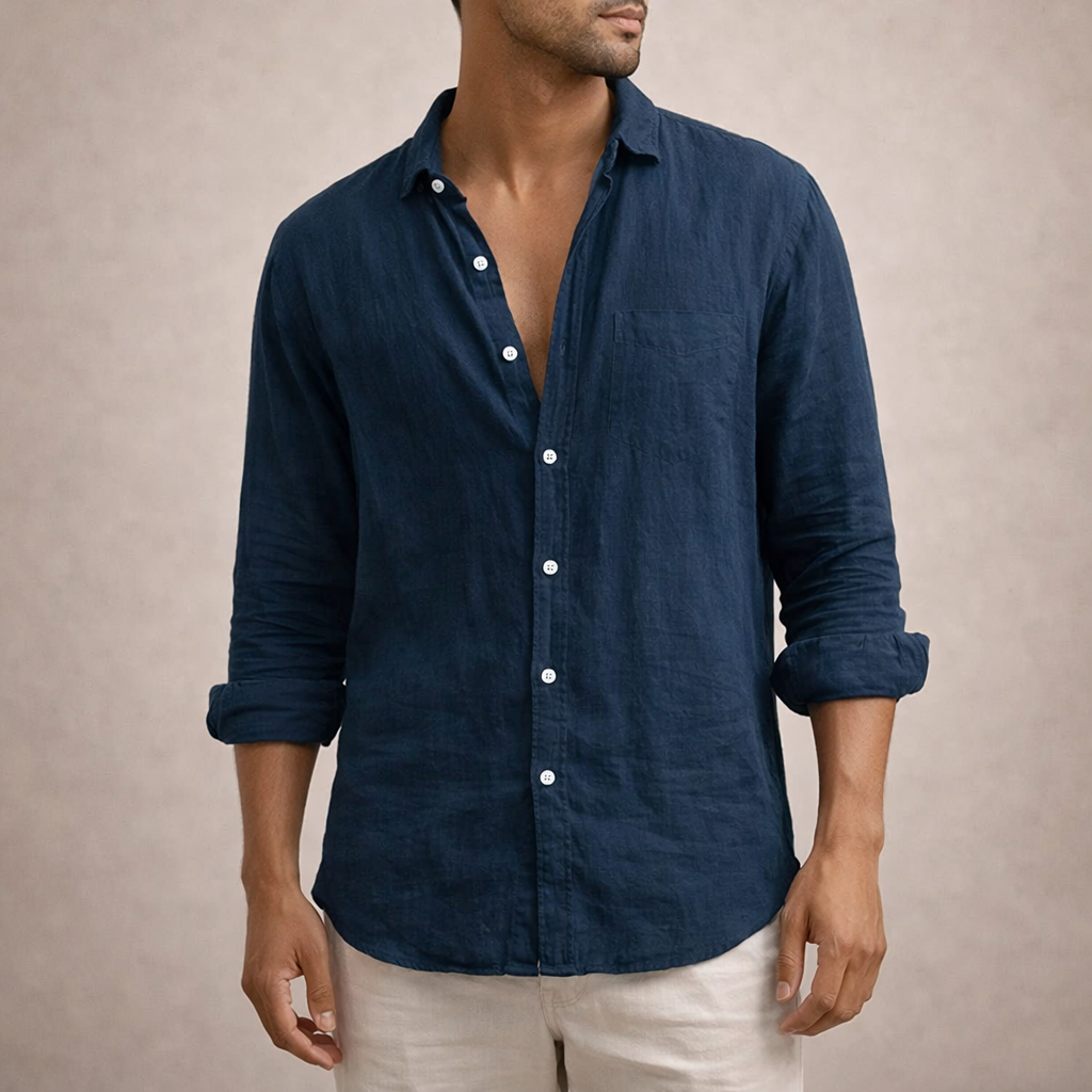 Adrian - Men's Casual Linen Shirt with Open Collar & Long Sleeves 9