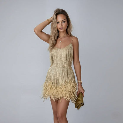 Feathered Fringe Mini Party Dress