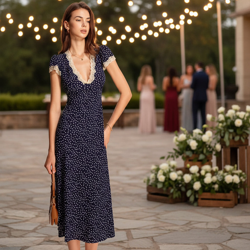 Spotted Midi Dress with Lace Trim and Puff Sleeves