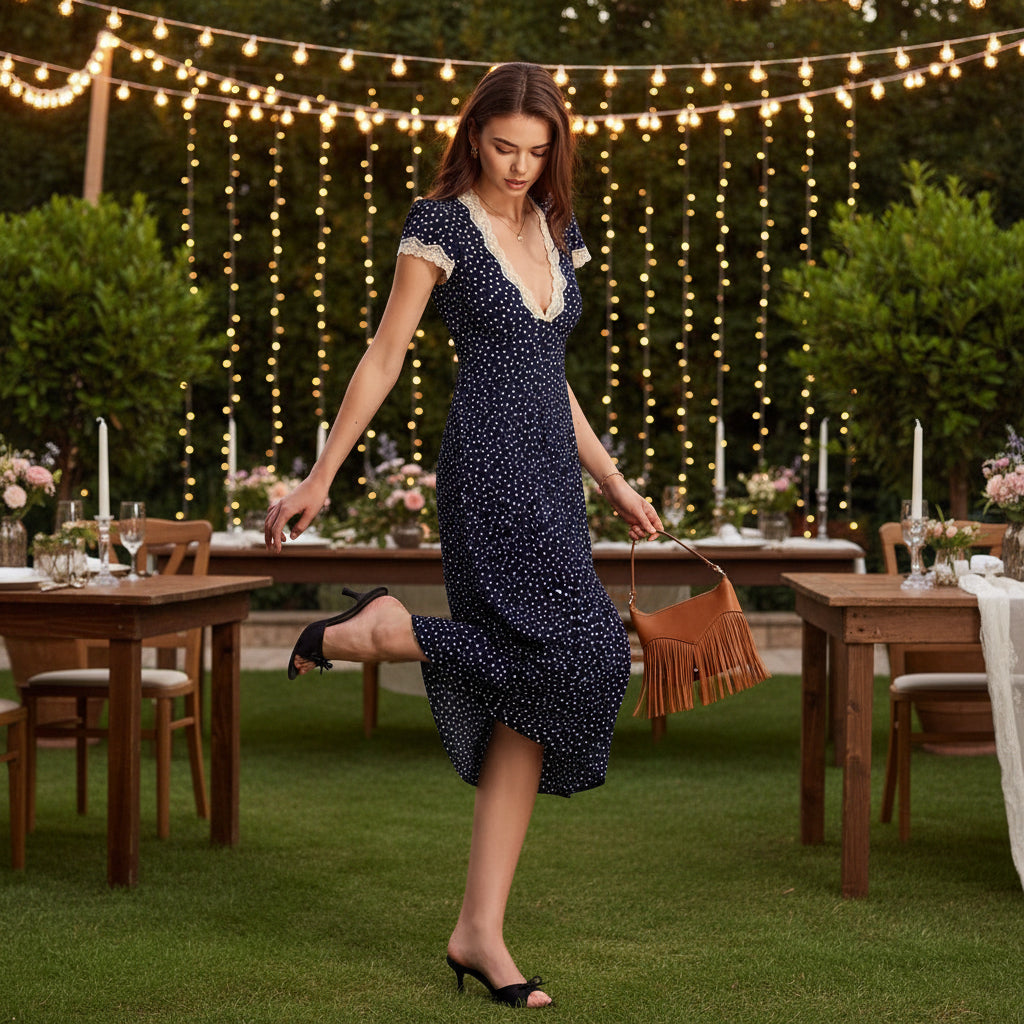 Spotted Midi Dress with Lace Trim and Puff Sleeves