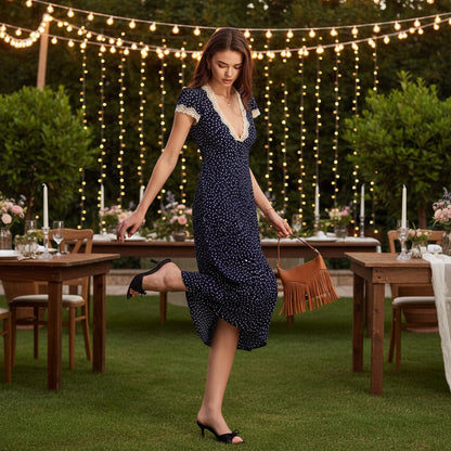 Spotted Midi Dress with Lace Trim and Puff Sleeves