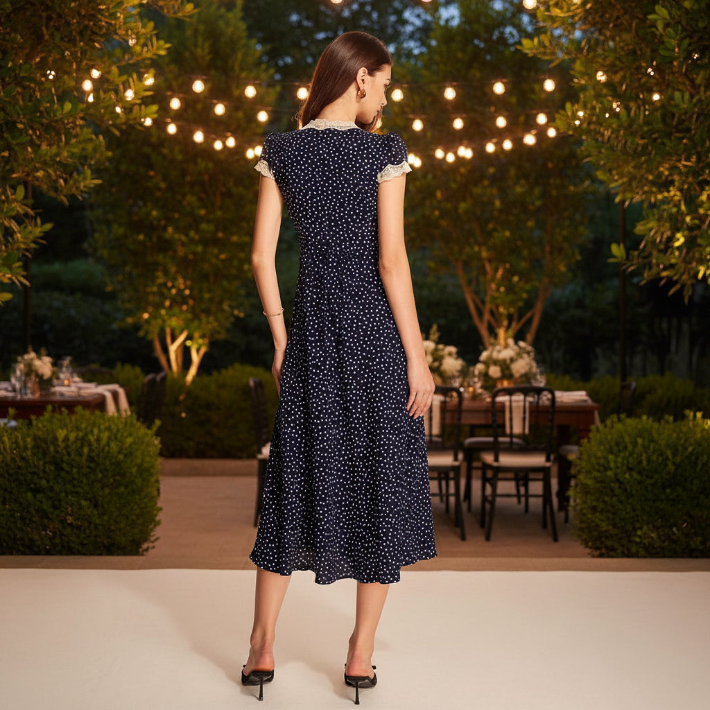 Spotted Midi Dress with Lace Trim and Puff Sleeves
