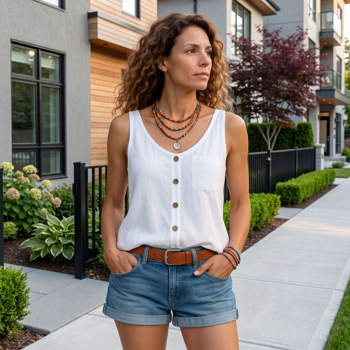 Sleeveless V-Neck Button Detail Top