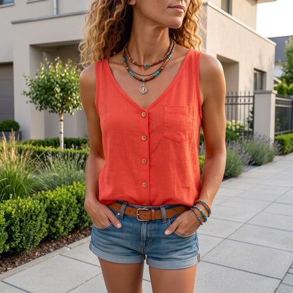 Sleeveless V-Neck Button Detail Top