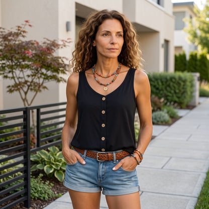 Sleeveless V-Neck Button Detail Top