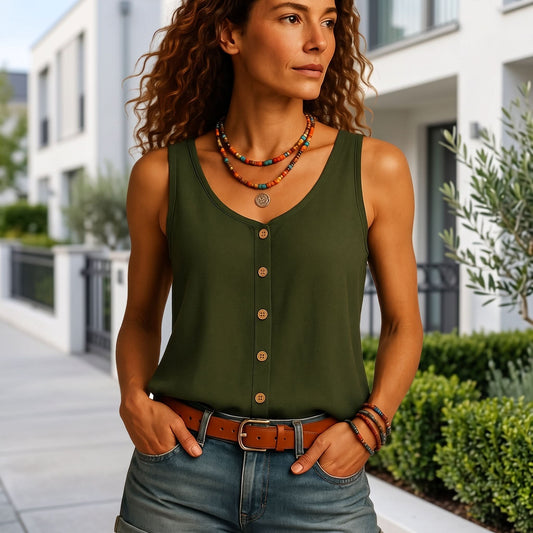 Sleeveless V-Neck Button Detail Top