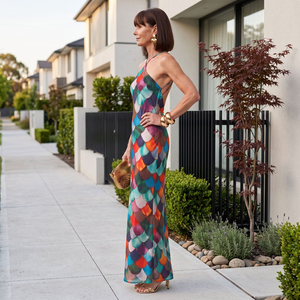 Multicolor Pattern Fitted Maxi Dress