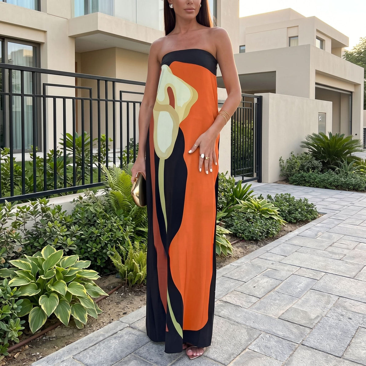 Elegant Printed Strapless Maxi Dress
