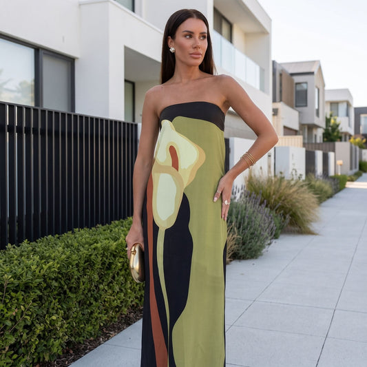 Elegant Printed Strapless Maxi Dress