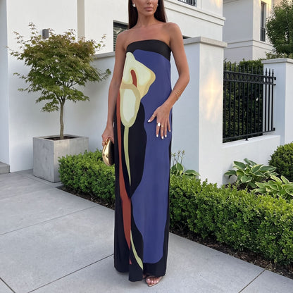 Elegant Printed Strapless Maxi Dress