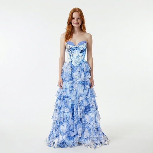 Blush A-Line Prom Dress with Sweetheart Neckline and Floral Ruffles 0