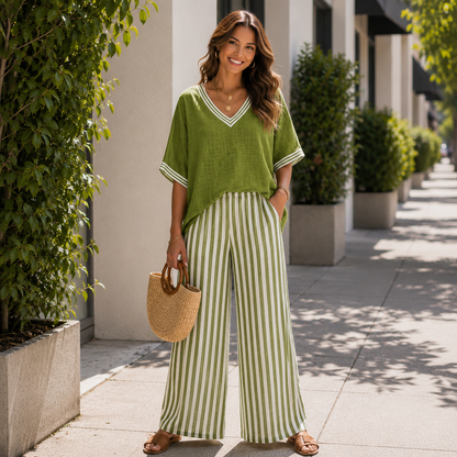 V-Neck Wide-Leg Stripe Two-Piece Set