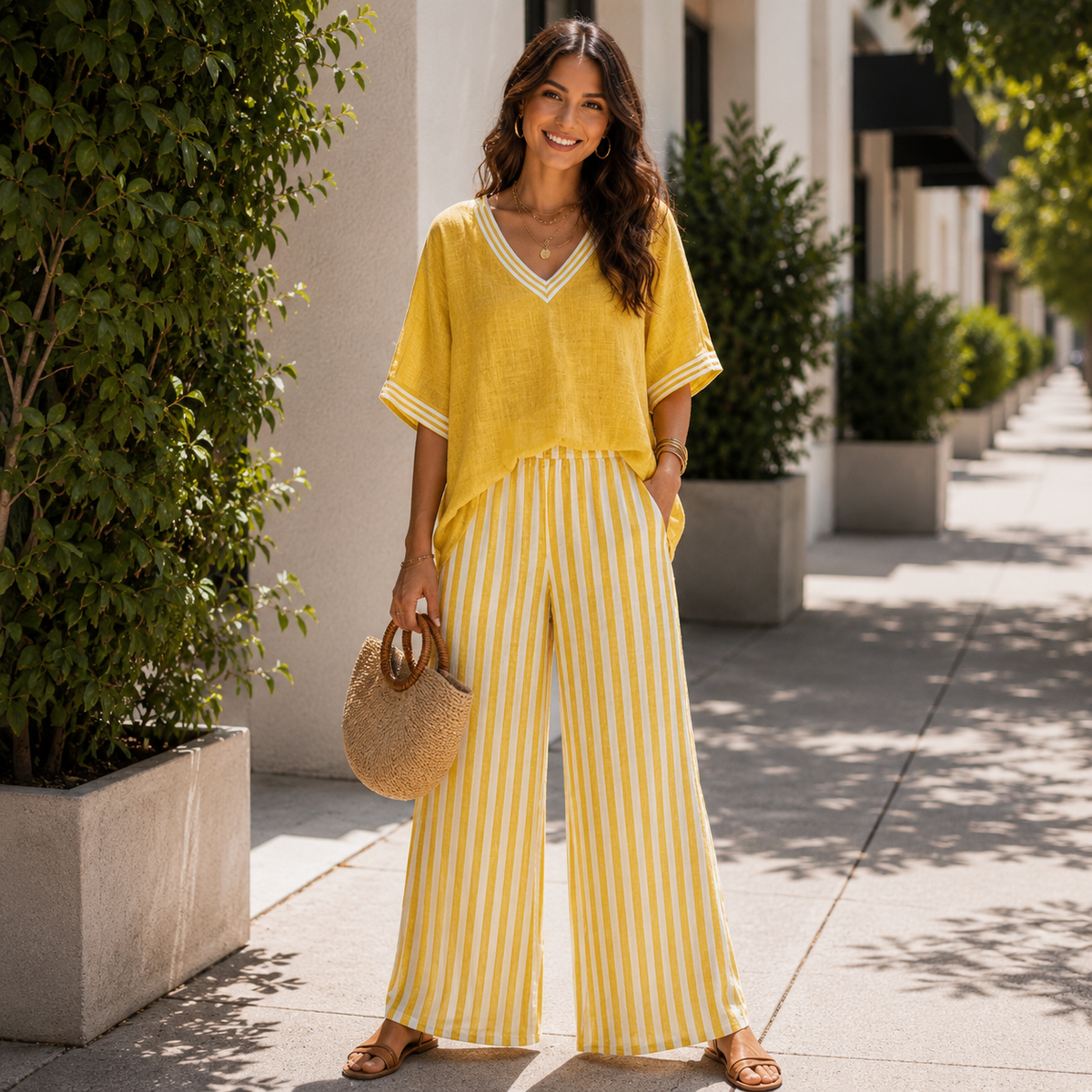 V-Neck Wide-Leg Stripe Two-Piece Set