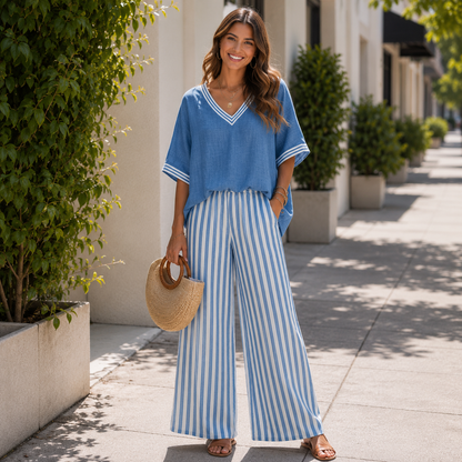 V-Neck Wide-Leg Stripe Two-Piece Set
