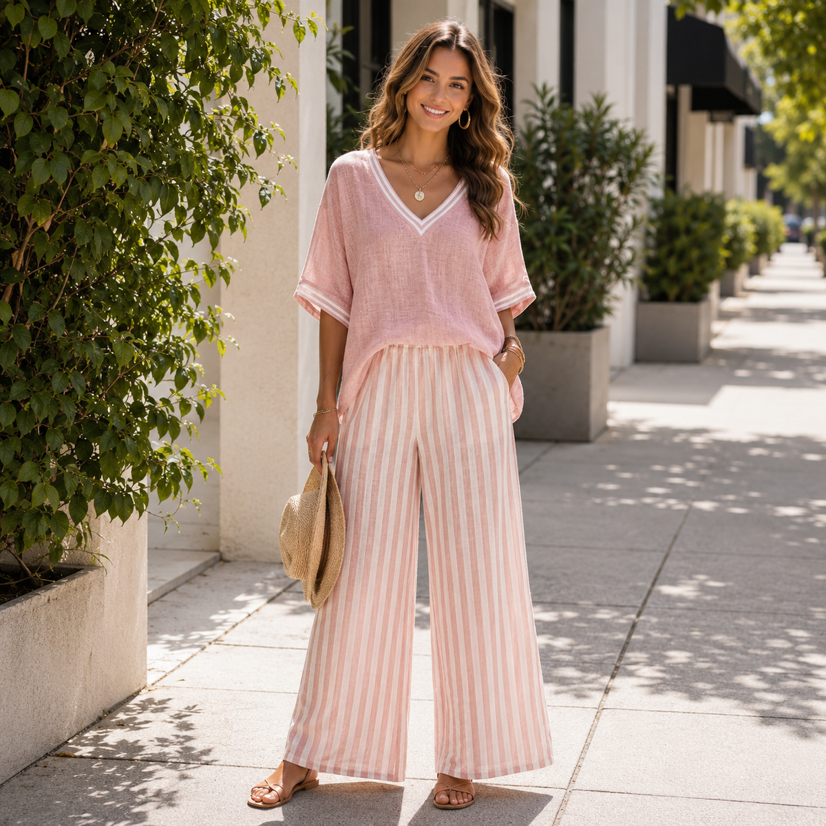 V-Neck Wide-Leg Stripe Two-Piece Set