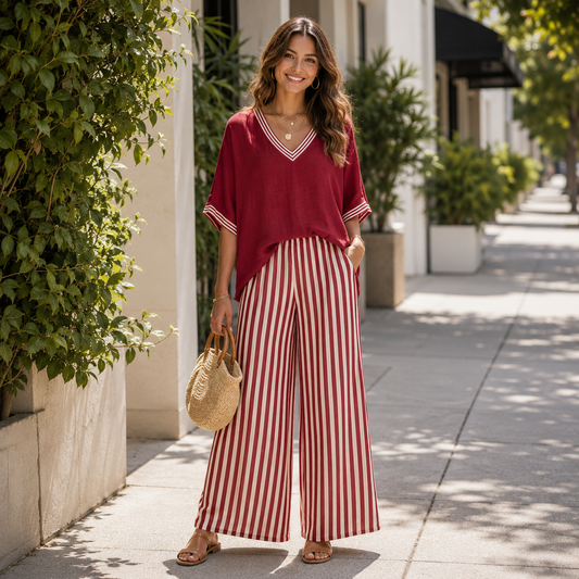 V-Neck Wide-Leg Stripe Two-Piece Set