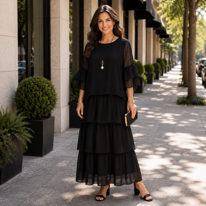 Flowy Tiered Maxi Dress with Wide Short Sleeves