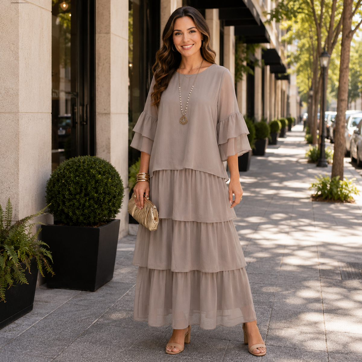 Flowy Tiered Maxi Dress with Wide Short Sleeves