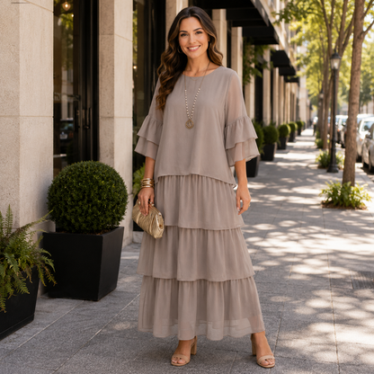 Flowy Tiered Maxi Dress with Wide Short Sleeves