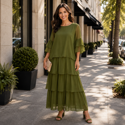 Flowy Tiered Maxi Dress with Wide Short Sleeves