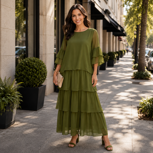 Flowy Tiered Maxi Dress with Wide Short Sleeves