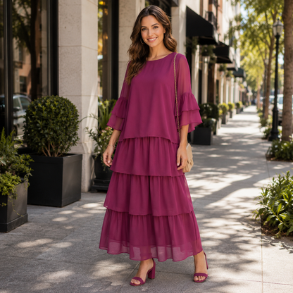 Flowy Tiered Maxi Dress with Wide Short Sleeves