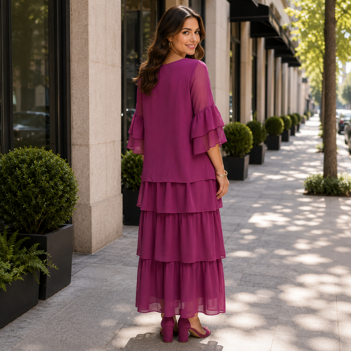 Flowy Tiered Maxi Dress with Wide Short Sleeves