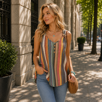 Knotted Shoulder Striped V-Neck Tank Top