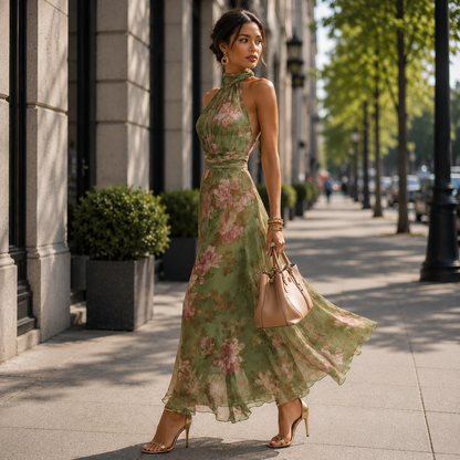 Garden Halter Maxi Dress in Green