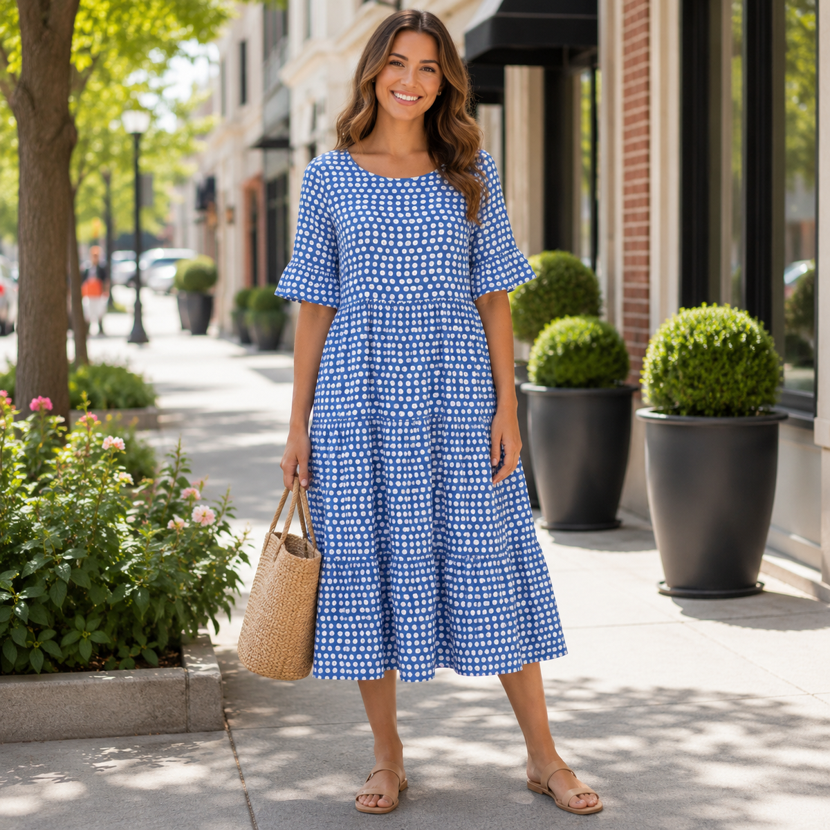 Elegant Midi Dress with Flowing Tiered Silhouette