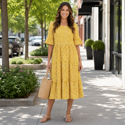 Elegant Midi Dress with Flowing Tiered Silhouette