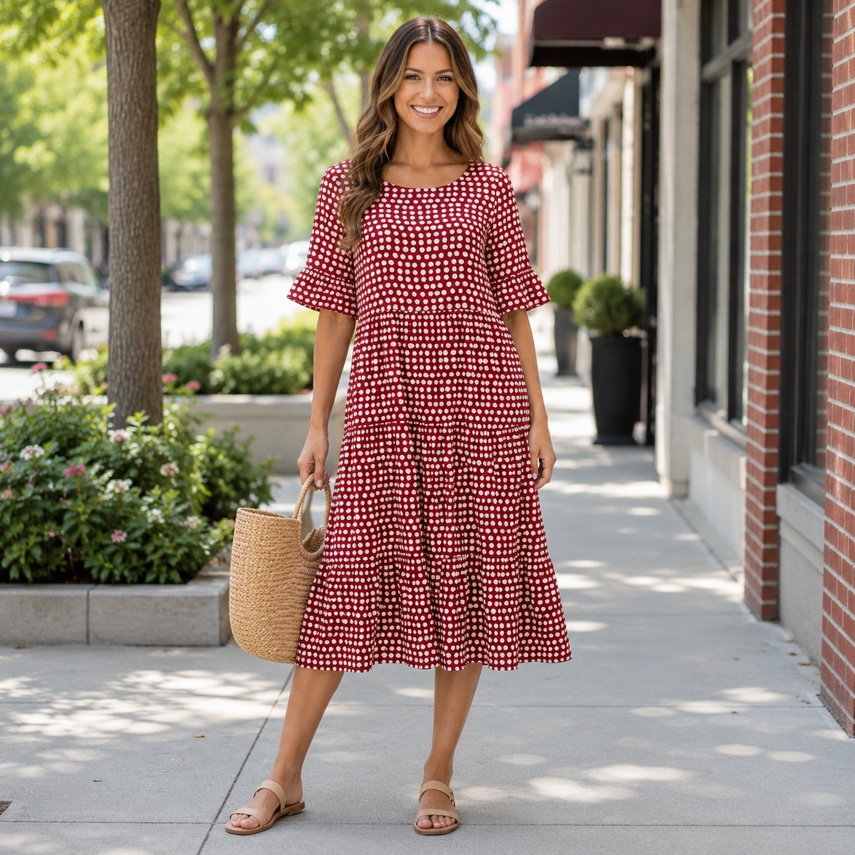Elegant Midi Dress with Flowing Tiered Silhouette