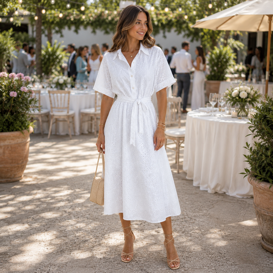 Button Front Midi Dress with Flattering Tie Waist Design
