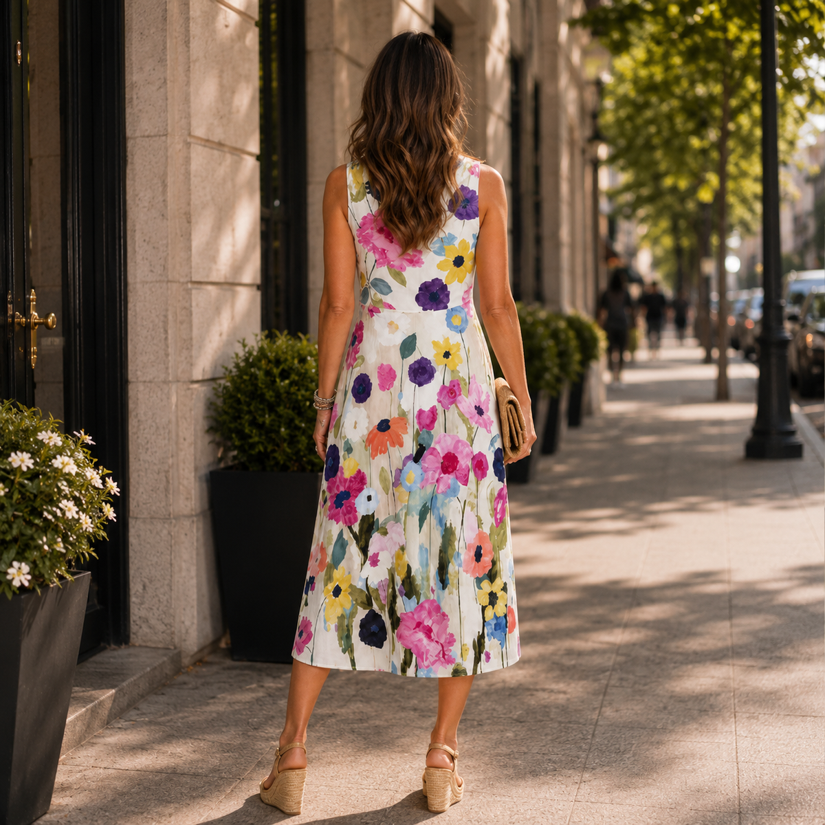 Round Neck Midi Dress with Charming Floral Print Detail