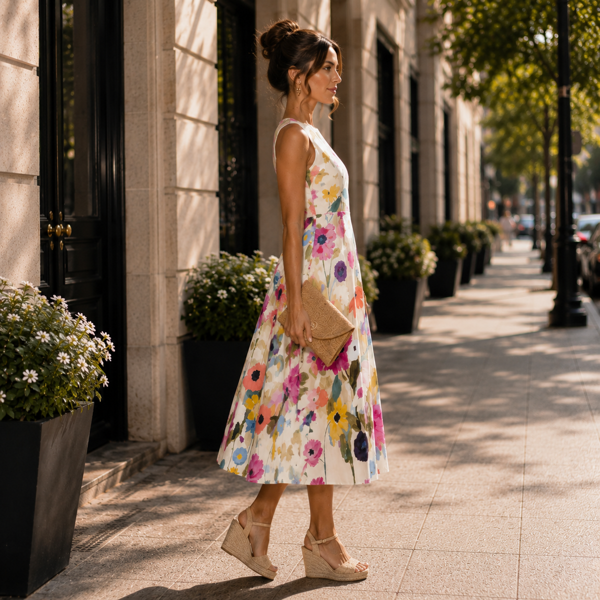 Round Neck Midi Dress with Charming Floral Print Detail