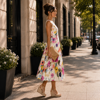 Round Neck Midi Dress with Charming Floral Print Detail