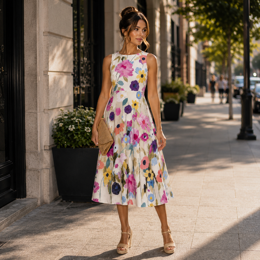 Round Neck Midi Dress with Charming Floral Print Detail