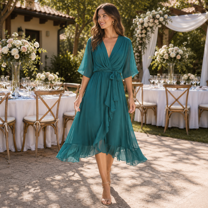 Refined Midi Dress with Feminine Tie Waist Detail